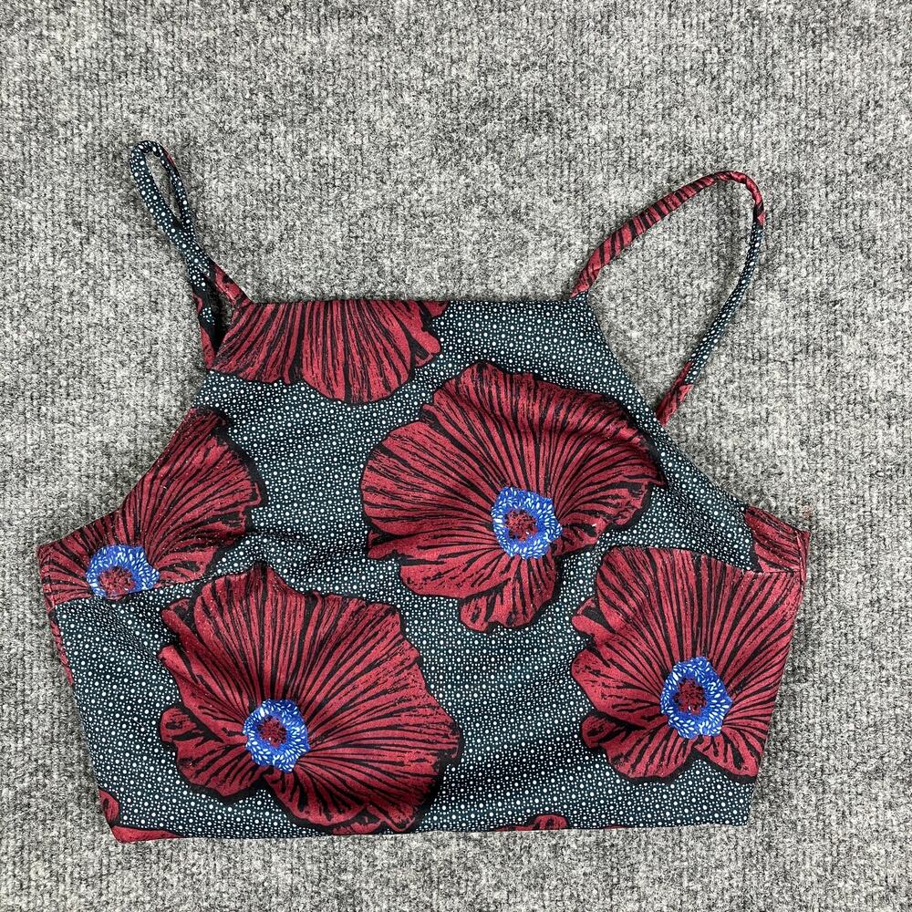 Topshop Crop Top Womens Size 4 Red Blue Floral High Neck Zipper Back Sleeveless